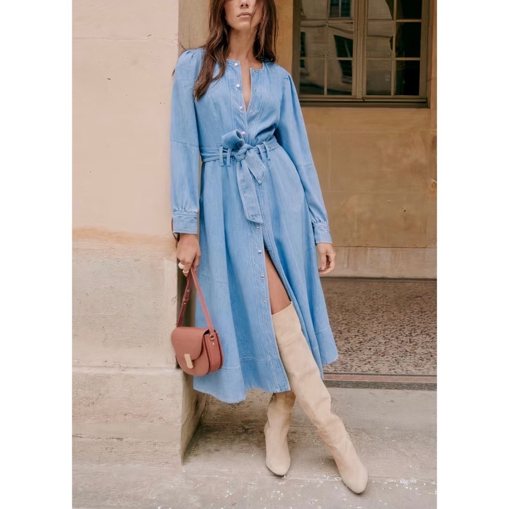 NWOT Sezane Midi Denim Long-Sleeve Caterina Dress